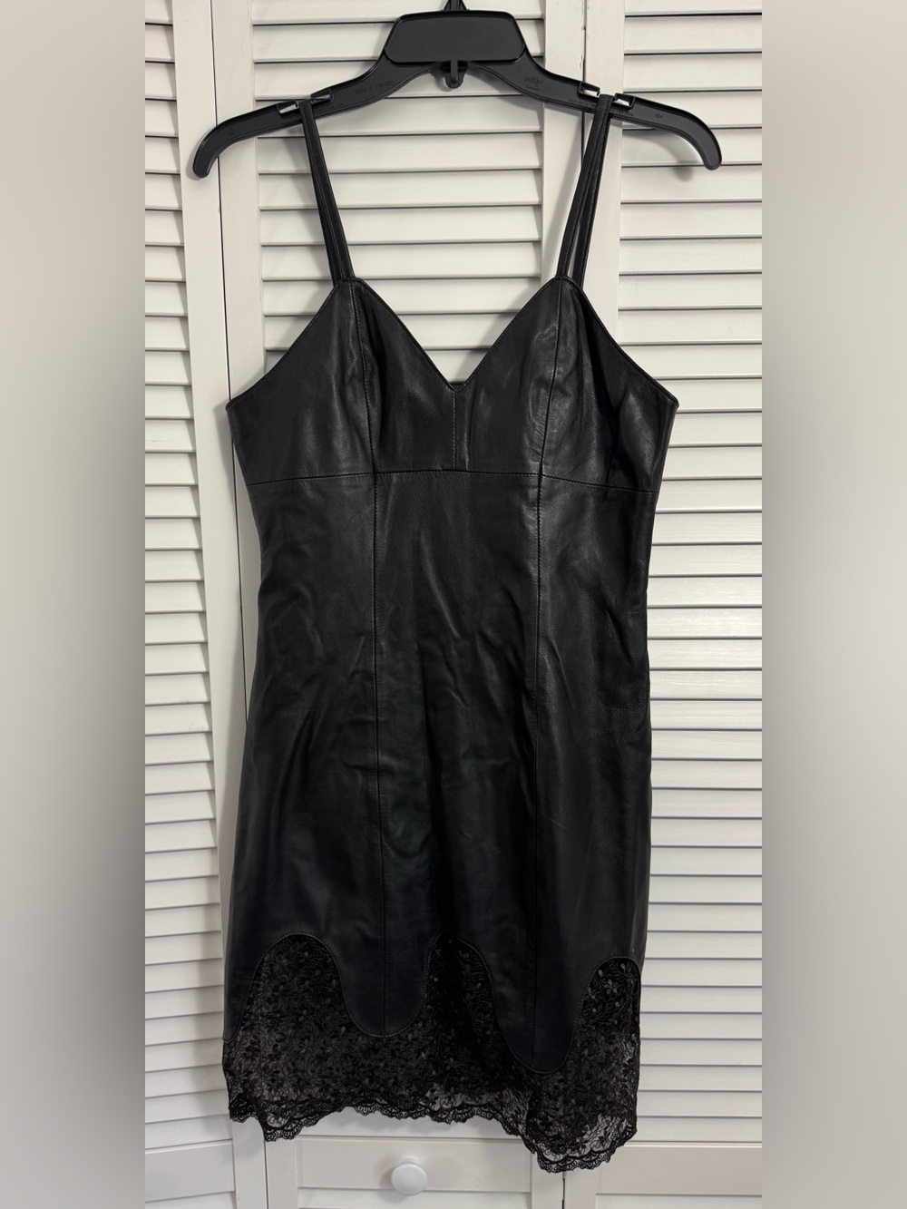 LEBAZ FINE LEATHER GARMENTS NEW YORK Lace Trim Mini Leather Dress Size Medium